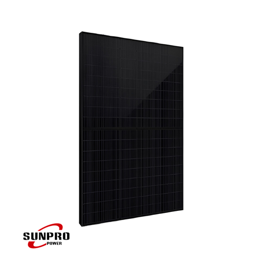 SunPro 440W Bifacial Solar Panel - Sunpro Power 440W bifacial black-on-black solar panel front-facing angled view on a white background with Sunpro Power logo.