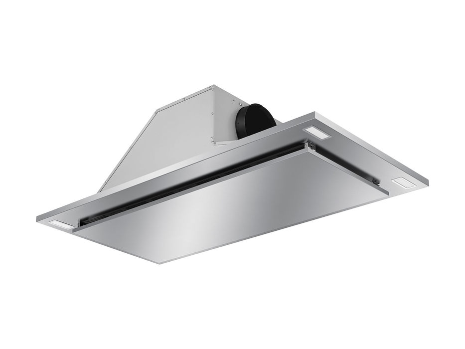 Victory Sunset ceiling range hood with LED lighting over cooktop