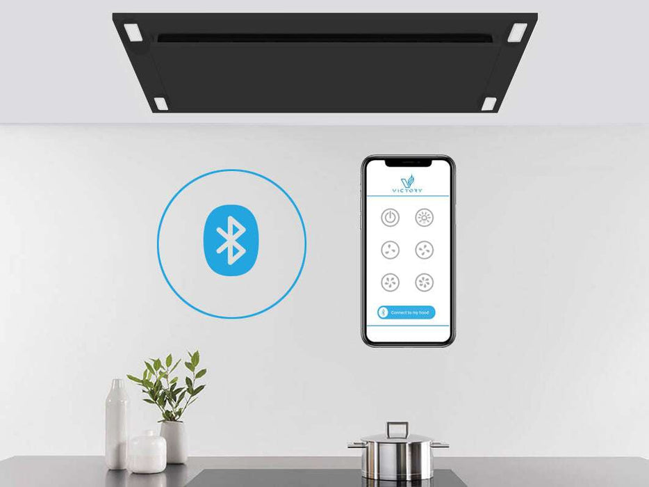 Matte black Victory Sunset Bluetooth ceiling mount range hood