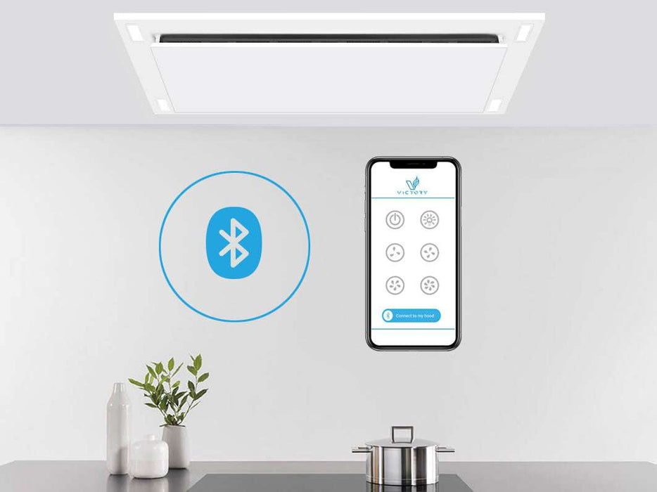 Matte white Victory Sunset Bluetooth ceiling mount range hood