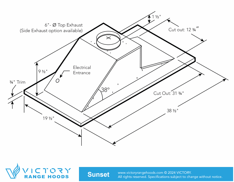 Victory Sunset Bluetooth ceiling mount range hood dimensions diagram