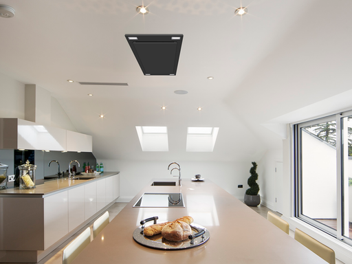 Matte black Victory Sunset ceiling range hood mounted in kitchen