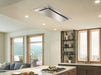 Victory Sunset ceiling range hood with LED lighting over cooktop