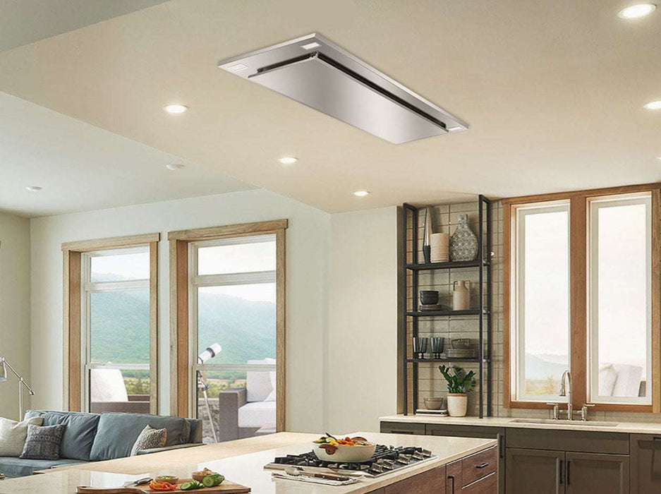 Victory Sunset ceiling range hood with LED lighting over cooktop