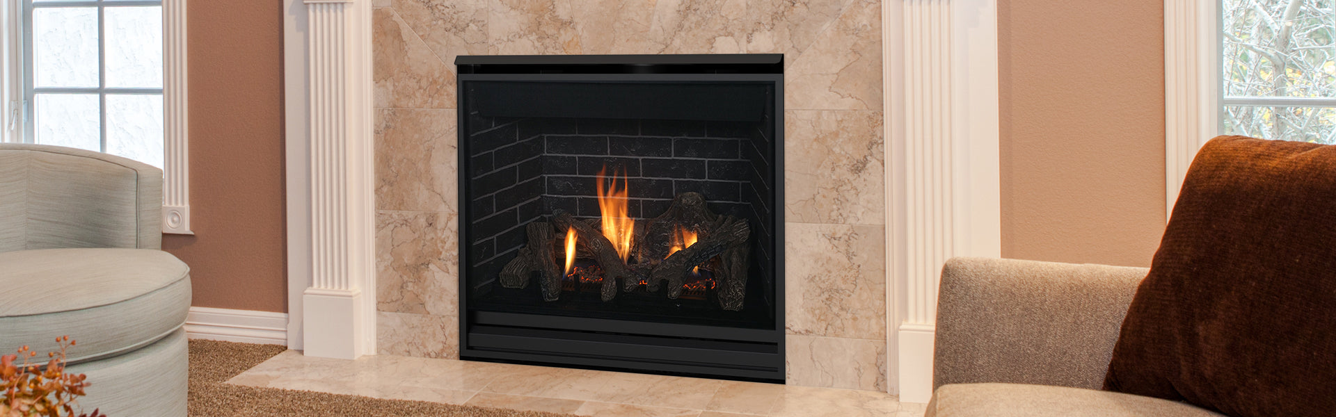 Superior DRT3040 40" direct vent gas fireplace installed, shown with Vista façade (sold separately)