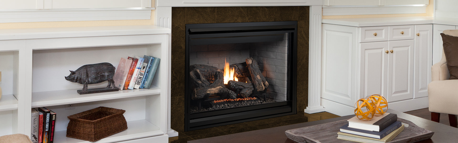 Superior DRT4045 45" direct vent gas fireplace installed, shown with Vista façade (sold separately)