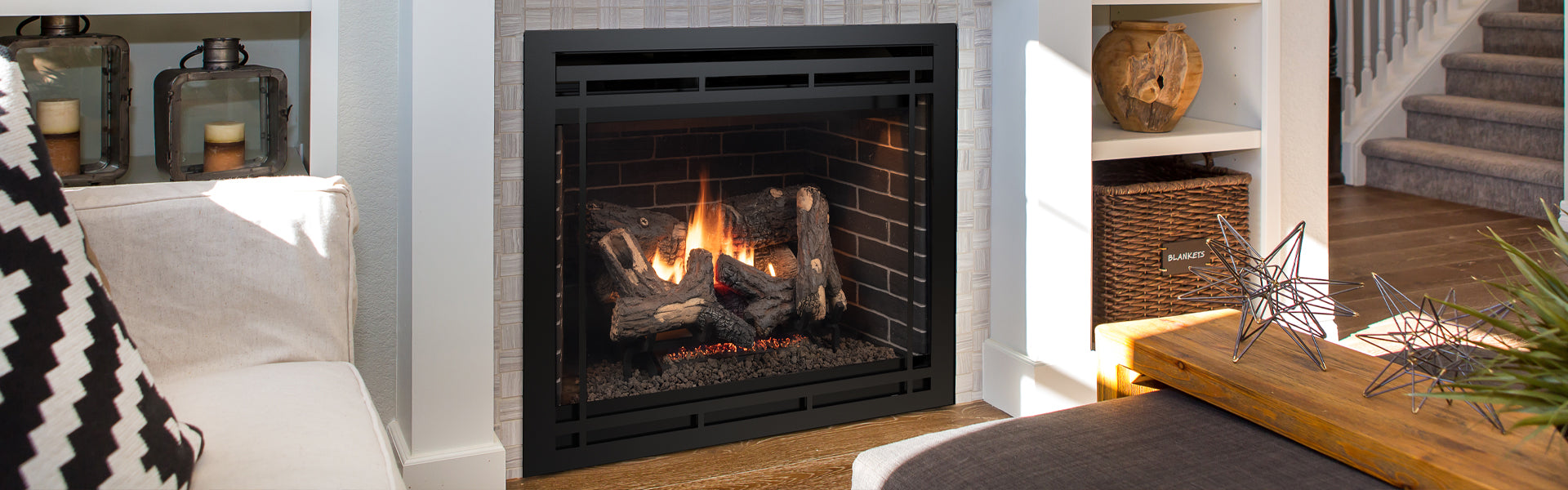 Superior DRT4245 45" direct vent gas fireplace installed, shown with Craftsman Black façade (sold separately)
