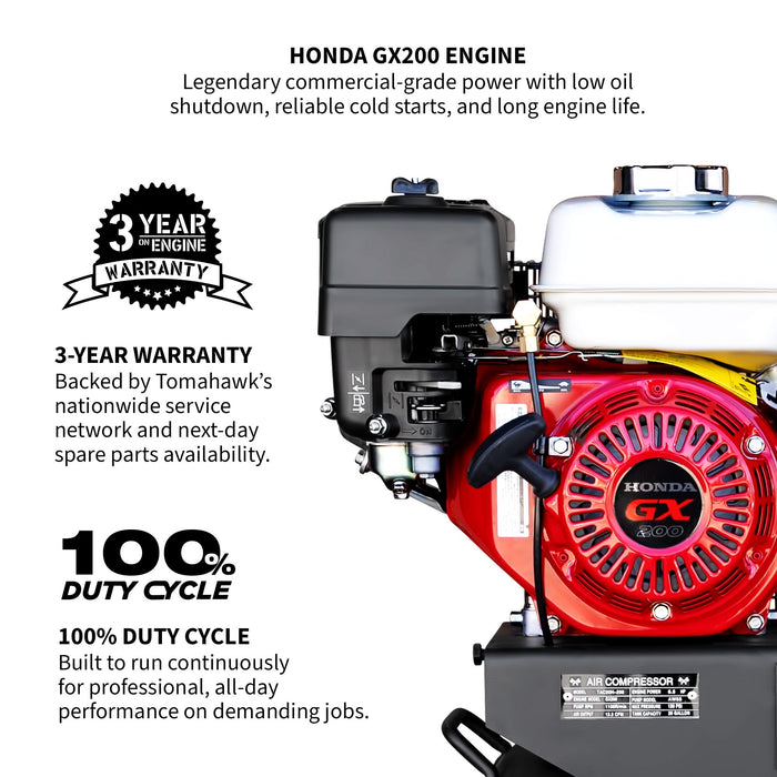 20 Gallon Portable Air Compressor 6.5HP Honda GX200 Engine Horizontal Tank 13.5 CFM @ 90 PSI Gas-Powered - detail close-up