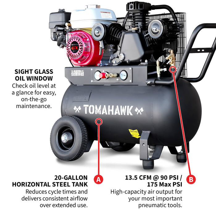 20 Gallon Portable Air Compressor 6.5HP Honda GX200 Engine Horizontal Tank 13.5 CFM @ 90 PSI Gas-Powered - back view