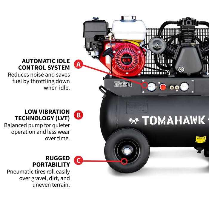 20 Gallon Portable Air Compressor 6.5HP Honda GX200 Engine Horizontal Tank 13.5 CFM @ 90 PSI Gas-Powered - specifications diagram