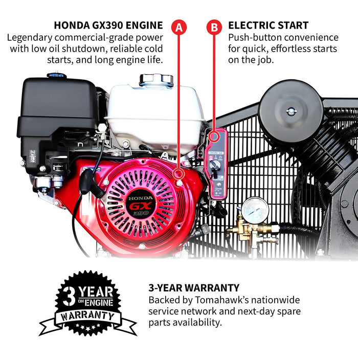 30 Gallon Air Compressor 13HP Honda GX390 Engine Horizontal Tank 24.4 CFM @ 90 PSI Gas-Powered - side view