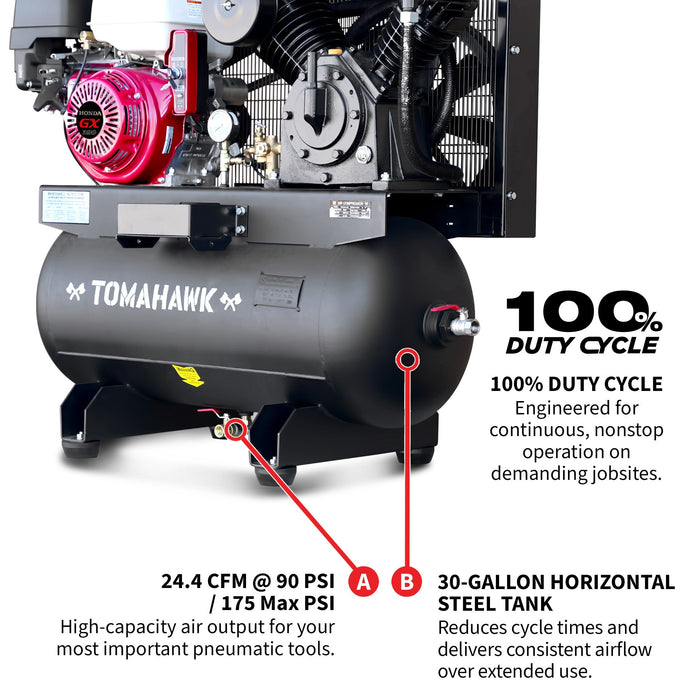 30 Gallon Air Compressor 13HP Honda GX390 Engine Horizontal Tank 24.4 CFM @ 90 PSI Gas-Powered - detail close-up