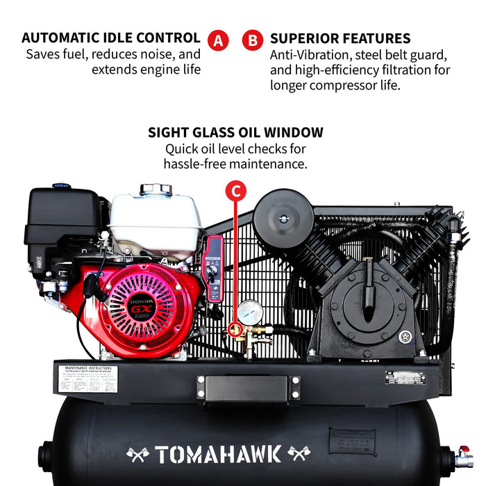 30 Gallon Air Compressor 13HP Honda GX390 Engine Horizontal Tank 24.4 CFM @ 90 PSI Gas-Powered - back view