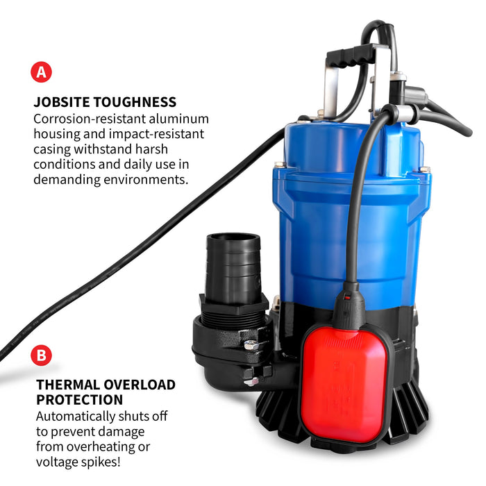 Tomahawk 1/2 HP Submersible Trash Pump, 66 GPM / 3960 GPH, 400W 2" Discharge for Dewatering... Water Pumps - Features