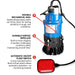 Tomahawk 1/2 HP Submersible Trash Pump, 66 GPM / 3960 GPH, 400W 2" Discharge for Dewatering... Water Pumps - Dimensions