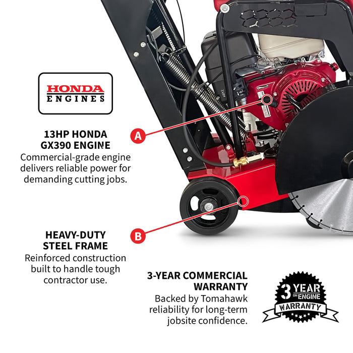 Tomahawk Power PRE ORDER: 20 Inch Walk Behind Concrete Saw with 13 HP Honda Water Tank GX390 Engine for... - Side View