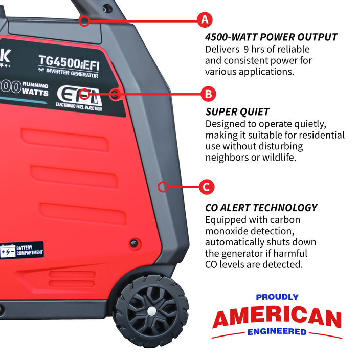 4500 Watt Inverter Generator Electronic Fuel Injection EFI Super Quiet Portable Gas Power Professional Use - specifications diagram