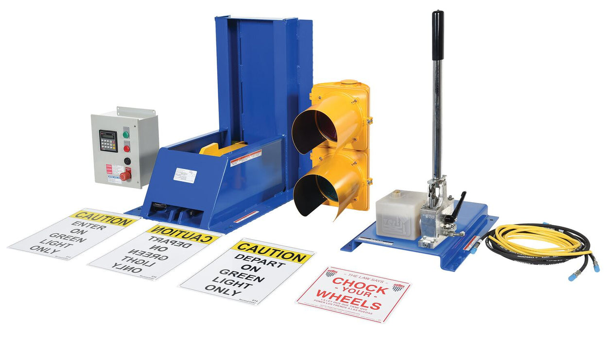 Vestil TL-200-HP-F Steel Hydraulic Hand Pump with Aluminum LED Light Package Trailer Lock System Blue / Yellow