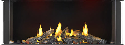 Napoleon Tall Bay Luxuria 50 natural gas linear fireplace front view with driftwood logs and top lighting