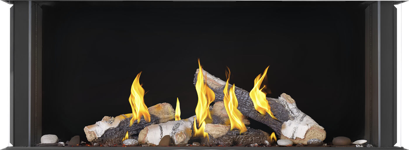 Napoleon Tall Bay Luxuria 50 natural gas linear fireplace with birch logs and ember lighting