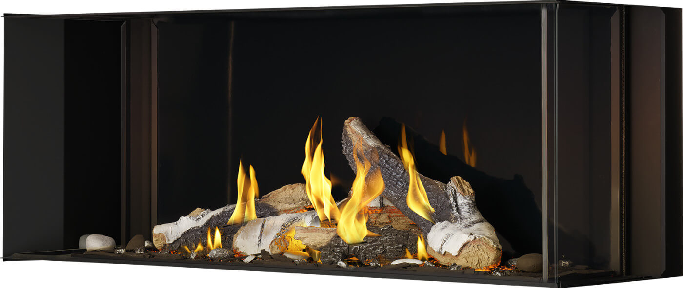 Napoleon Tall Bay Luxuria 50 natural gas linear fireplace corner installation with birch logs