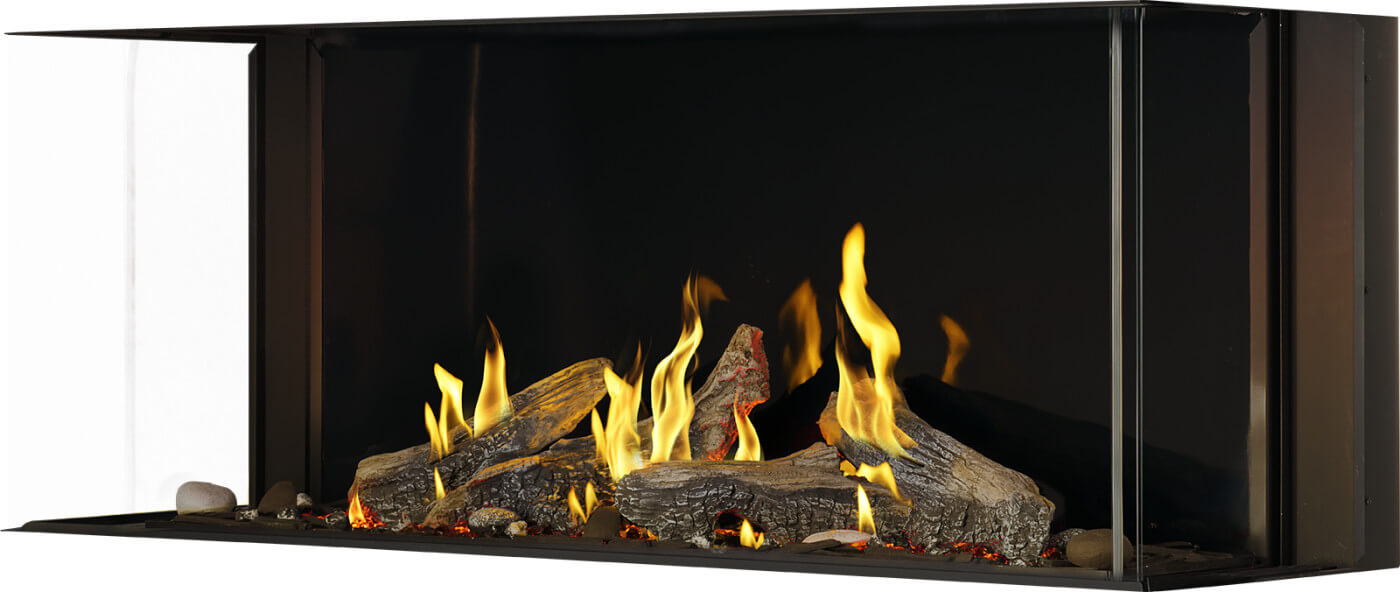 Napoleon Tall Bay Luxuria 50 natural gas linear fireplace with driftwood logs, left angle
