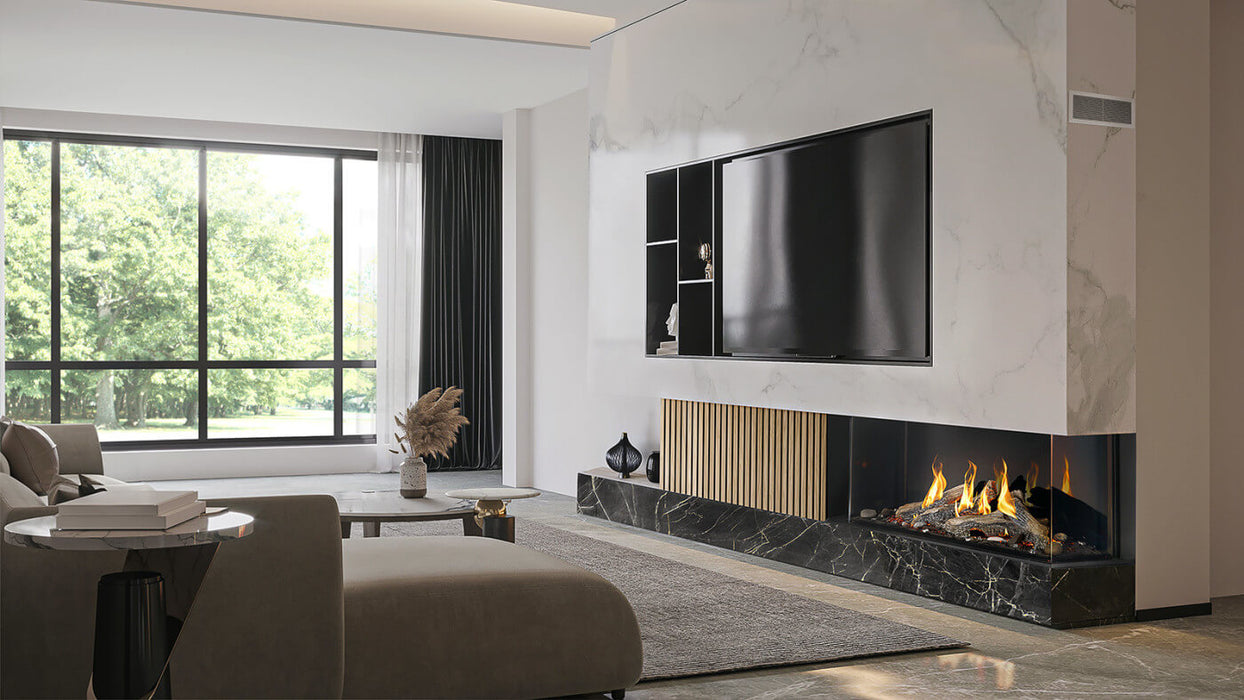 Napoleon Tall Bay Luxuria 50 natural gas linear fireplace corner installation in a living room