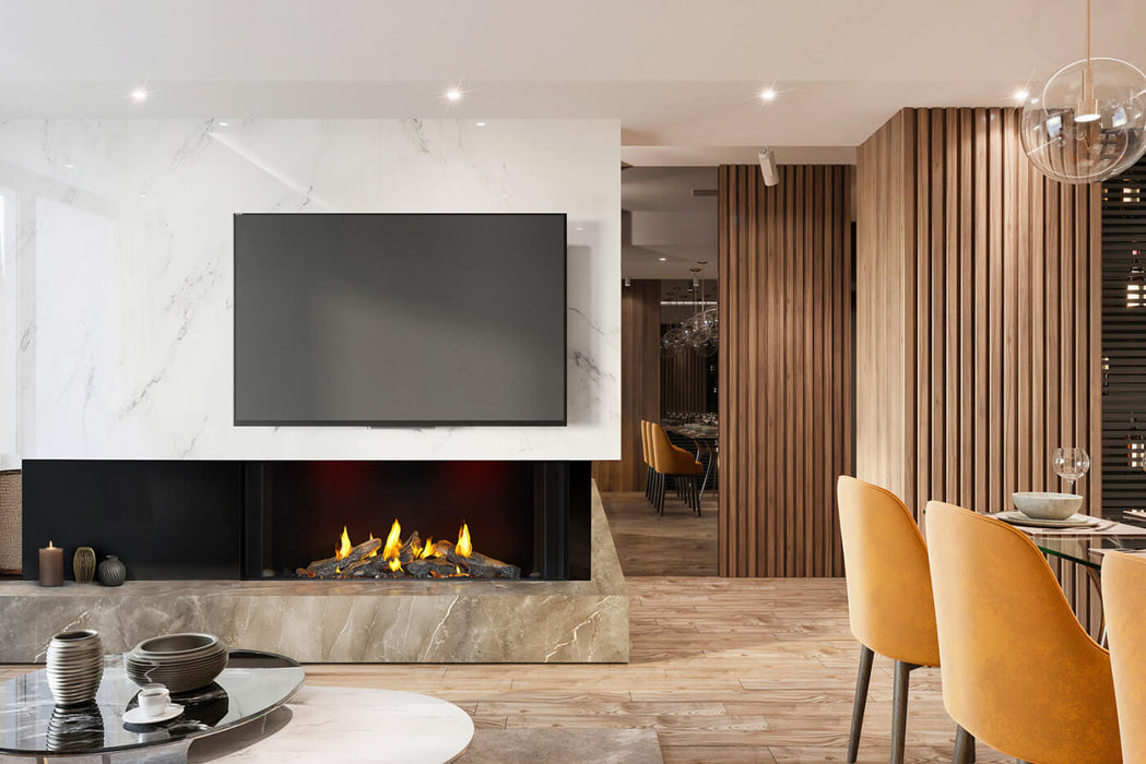 Napoleon Tall Bay Luxuria 50 natural gas linear fireplace in an open living room and kitchen