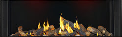 Napoleon Tall Bay Luxuria 62 natural gas linear fireplace front view with oak logs, ember and top lighting