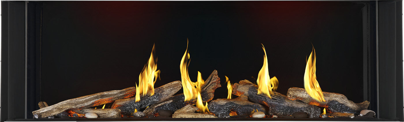 Napoleon Tall Bay Luxuria 62 natural gas linear fireplace with driftwood logs and ember lighting