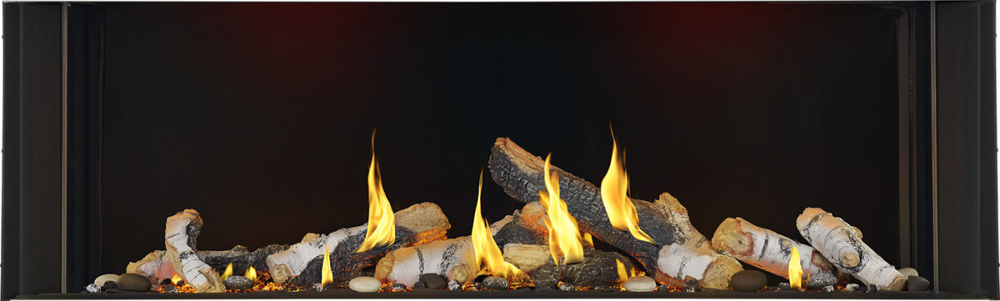 Napoleon Tall Bay Luxuria 62 natural gas linear fireplace with birch logs and ember lighting