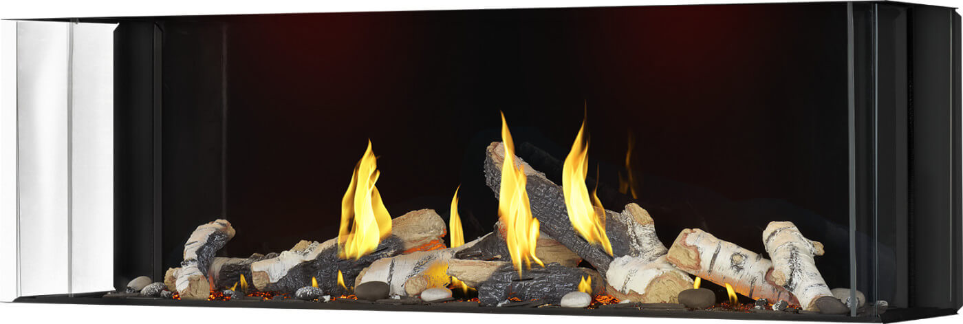 Napoleon Tall Bay Luxuria 62 natural gas linear fireplace with birch logs, left angle
