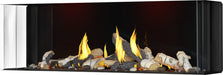 Napoleon Tall Bay Luxuria 62 natural gas linear fireplace with birch logs, left angle