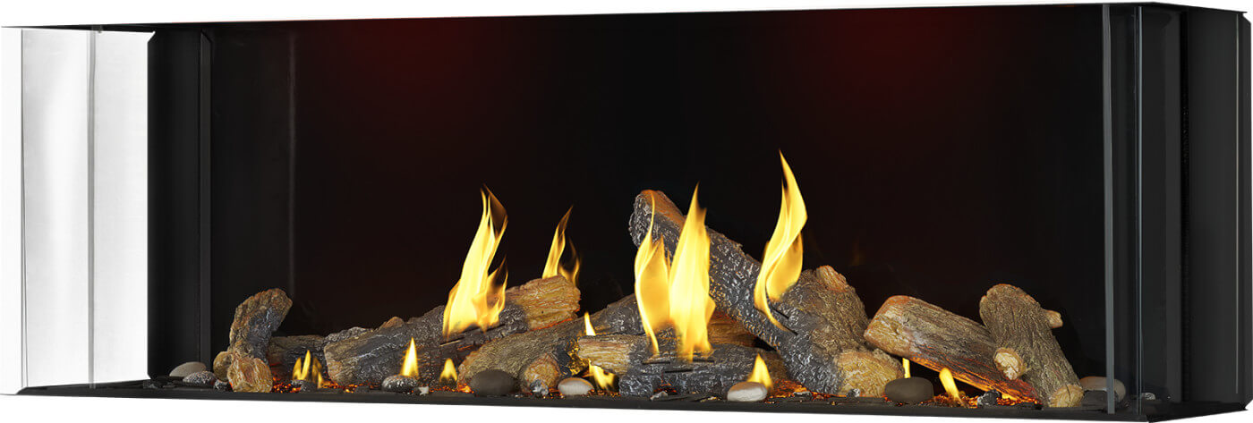 Napoleon Tall Bay Luxuria 62 natural gas linear fireplace with oak logs, left angle