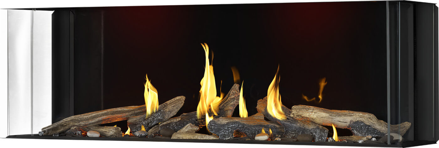 Napoleon Tall Bay Luxuria 62 natural gas linear fireplace with driftwood logs, left angle