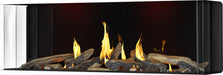 Napoleon Tall Bay Luxuria 62 natural gas linear fireplace with driftwood logs, left angle