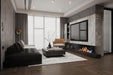 Napoleon Tall Bay Luxuria 62 natural gas linear fireplace with birch logs in a living room
