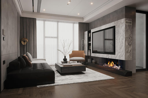 Napoleon Tall Bay Luxuria 62 natural gas linear fireplace with birch logs in a living room
