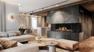 Napoleon Tall Bay Luxuria 62 natural gas linear fireplace with driftwood logs in a living room