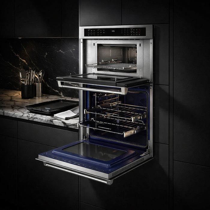 Thor Kitchen TMW30ED microwave wall oven combo shown in ambient kitchen lighting
