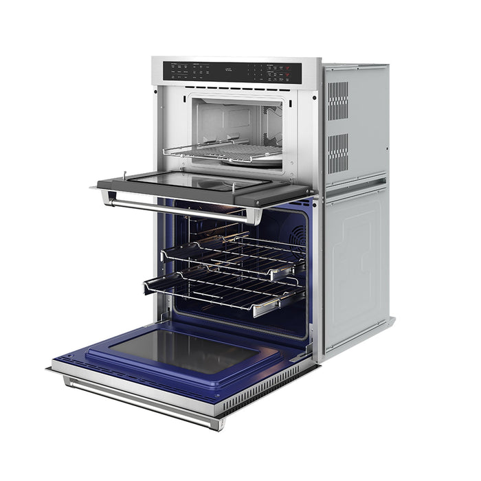 Thor Kitchen TMW30ED microwave wall oven combo, front-right angle with oven doors open