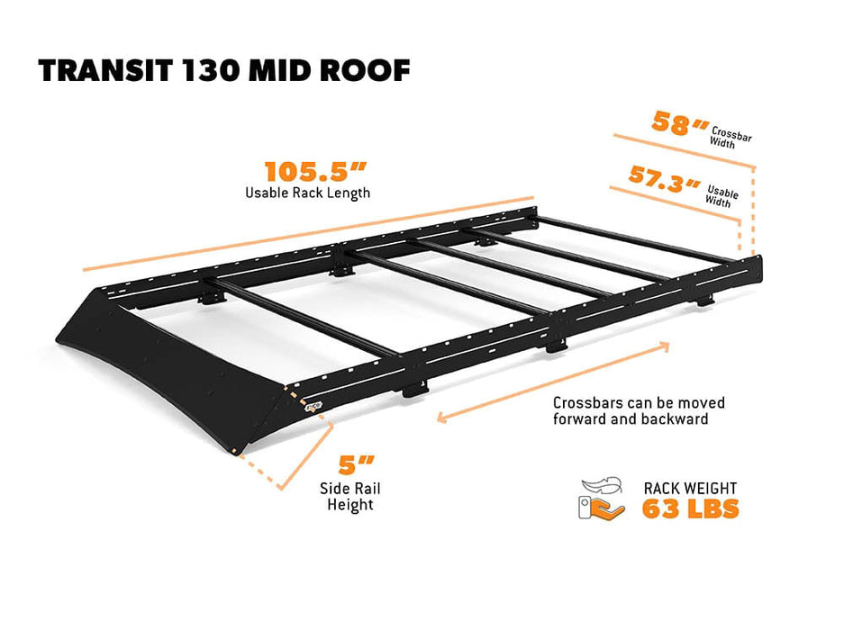 Flatline Van Co. 2015-2025 Ford Transit Van Low Pro Roof Rack 130" Mid Roof – dimensions diagram, image 12 of 14