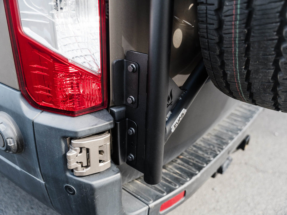 Flatline Van Co. 2015-2026 Ford Transit Rear Tire Carrier – installed on vehicle, image 7 of 12