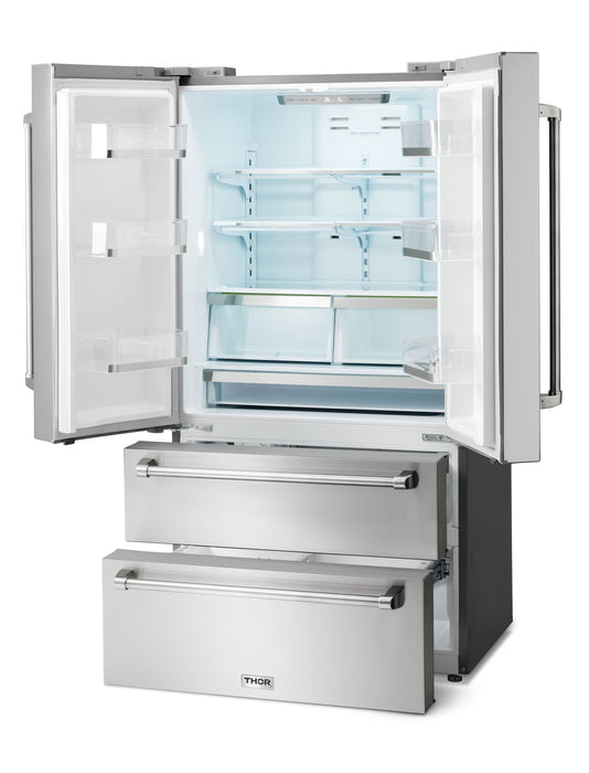 Thor Kitchen 36-Inch 22.5 cu. ft Freestanding French Door Refrigerator with Ice Maker in Stainless Steel (TRF3602) Thor Kitchen