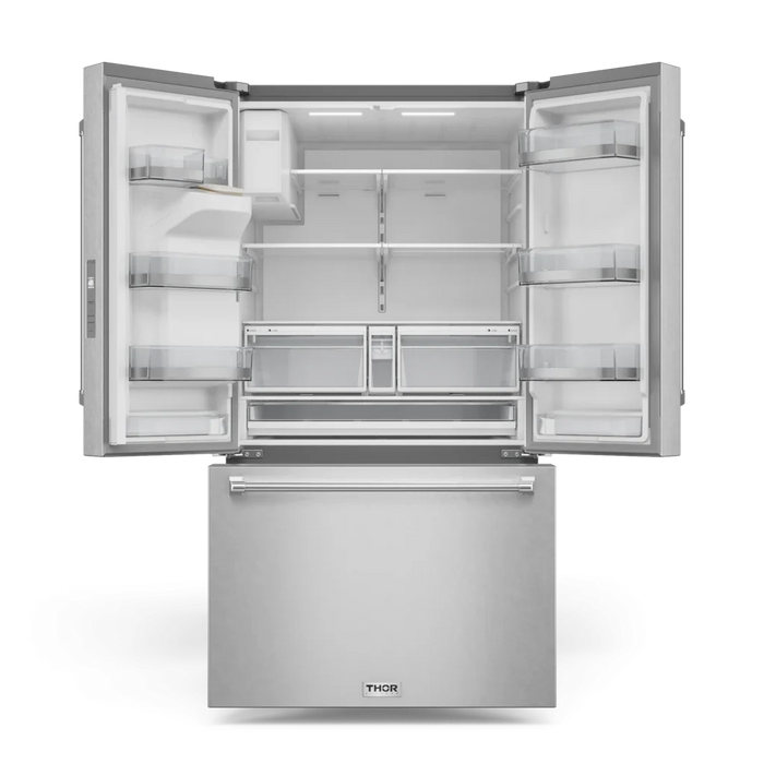 Thor Kitchen 36-Inch French Door Refrigerator (TRF3628FFD) – front open