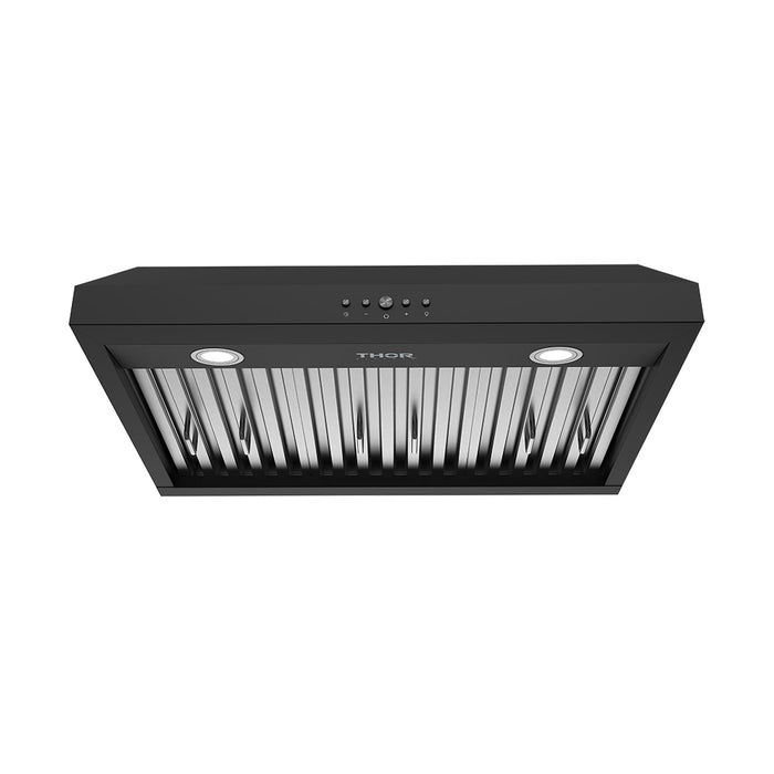 Thor Kitchen 30-Inch Black Under Cabinet Range Hood (TUH3048B) – front logo