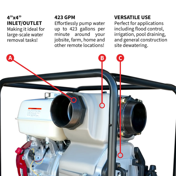 Tomahawk Power 4 Inch Trash Water Pump 423 GPM 13 HP GX390 powered by Honda Portable Utility - Detail View 3