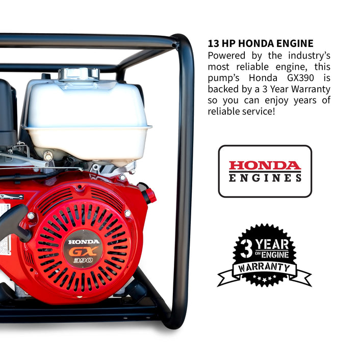 Tomahawk Power 4 Inch Trash Water Pump 423 GPM 13 HP GX390 powered by Honda Portable Utility - Detail View 2