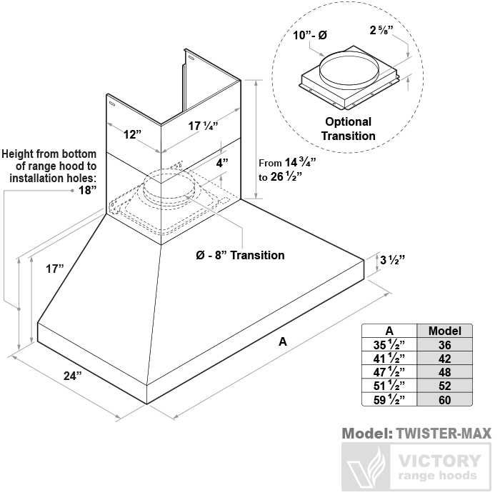 Victory Range Hoods 36 Inch Wall Mount Range Hood with 1200 CFM Remote Blower - VICTORY TwisterMAX