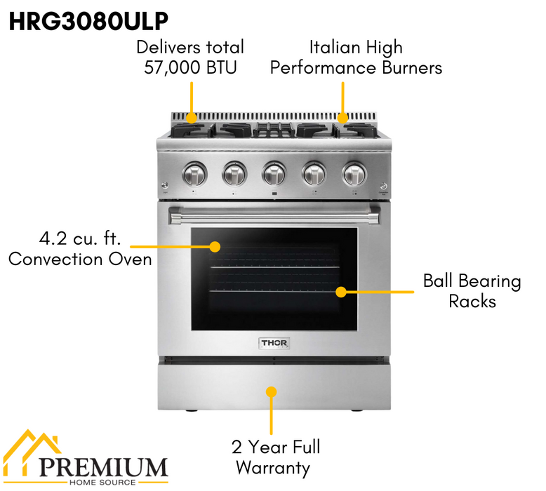 Thor Kitchen 30 in. 4.2 cu. ft. Professional Propane Gas Range in Stainless Steel, HRG3080ULP Thor Kitchen
